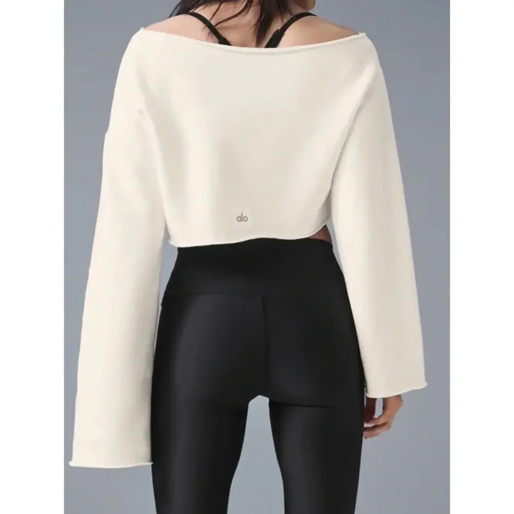 Alo Yoga Sweatshirt Women Medium Cropped Barre Shoulder Coverup in Ivory Relaxed